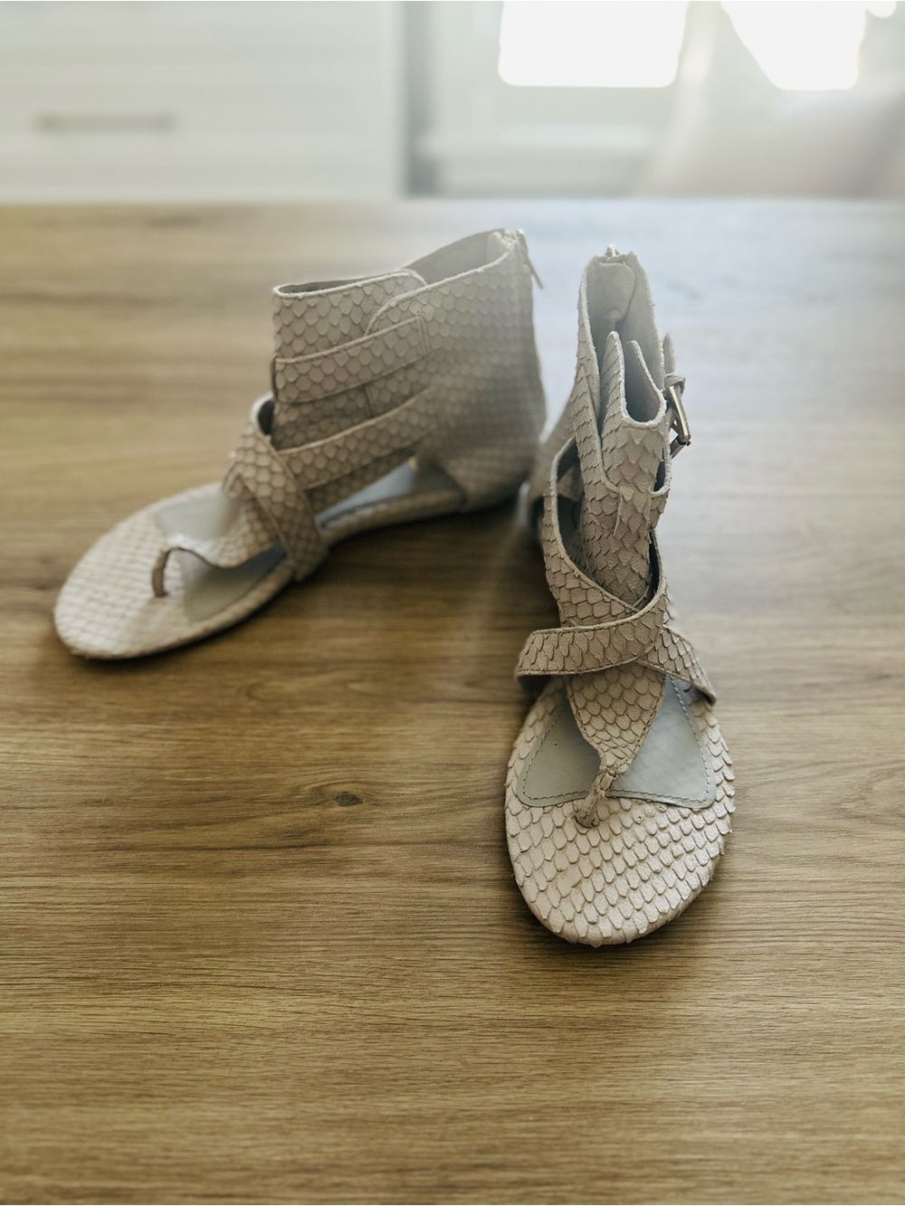 Ash Beige Scaled Gladiator Sandals with Buckle and Back Zip